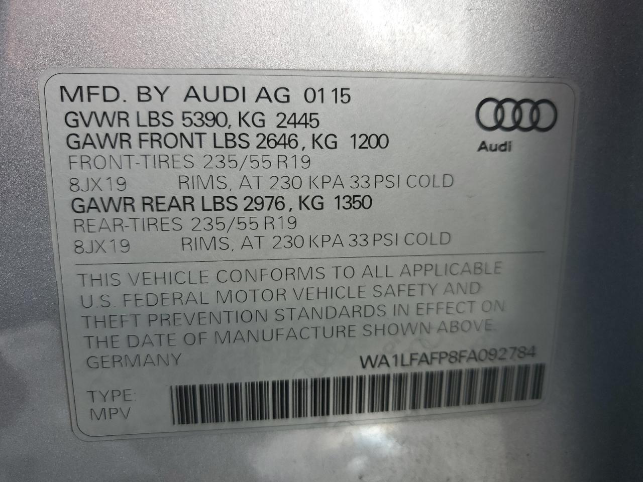 2015 Audi Q5 VIN WA1LFAFP8FA092784 Copart auction photo, front end / minor dent/scratches damage thumbnail 14