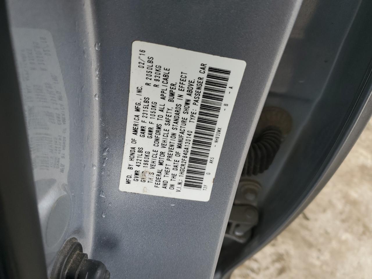 2016 Honda Accord VIN 1HGCR2F84GA130140 Copart auction photo, side / front end damage thumbnail 14