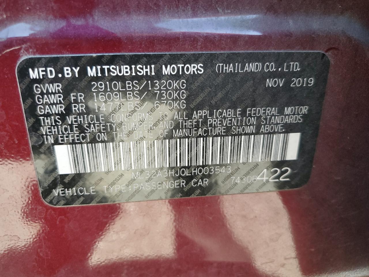 2020 Mitsubishi Mirage VIN ML32A3HJ0LH003543 Copart auction photo, front end damage thumbnail 13