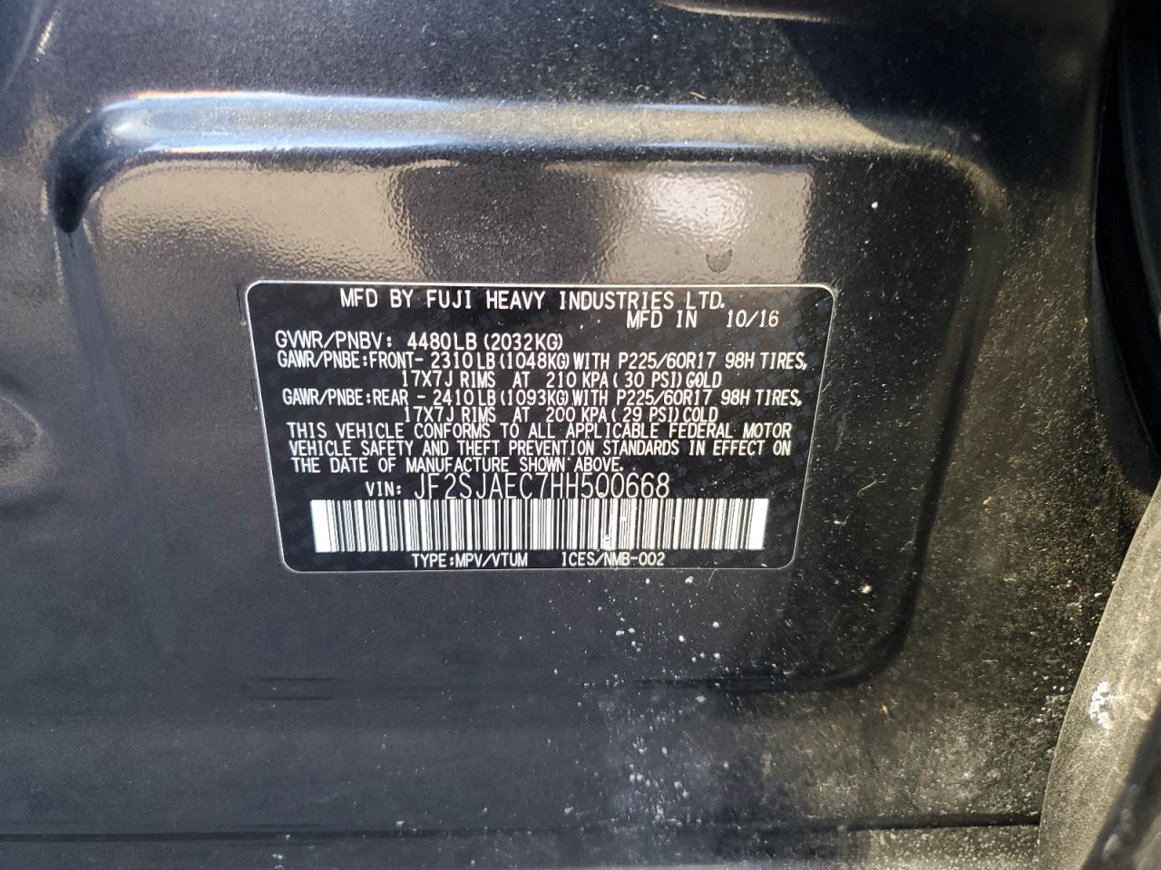 2017 Subaru Forester VIN JF2SJAEC7HH500668 Copart auction photo, side damage thumbnail 13