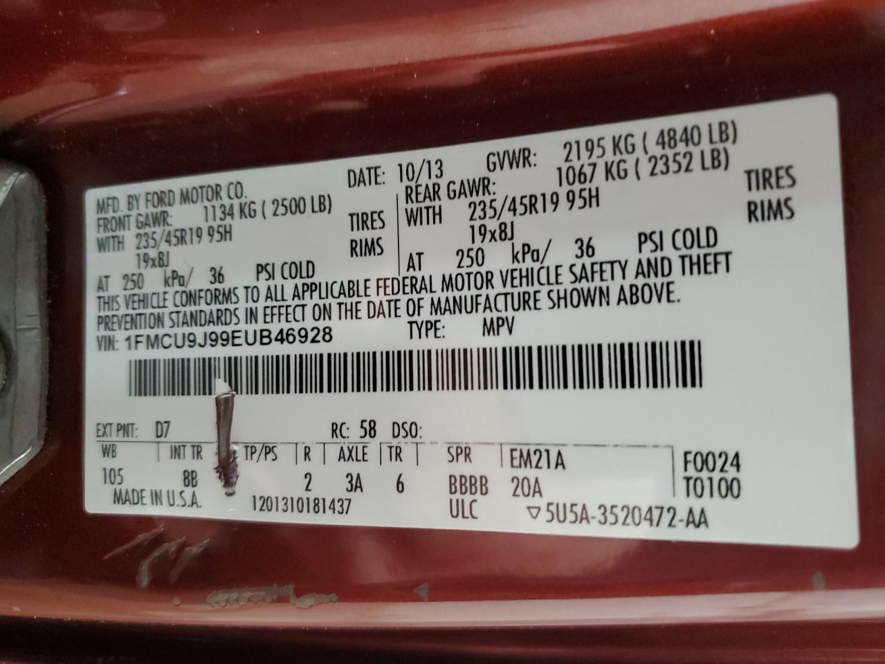 2014 Ford Escape VIN 1FMCU9J99EUB46928 Copart auction photo, side / front end damage thumbnail 13