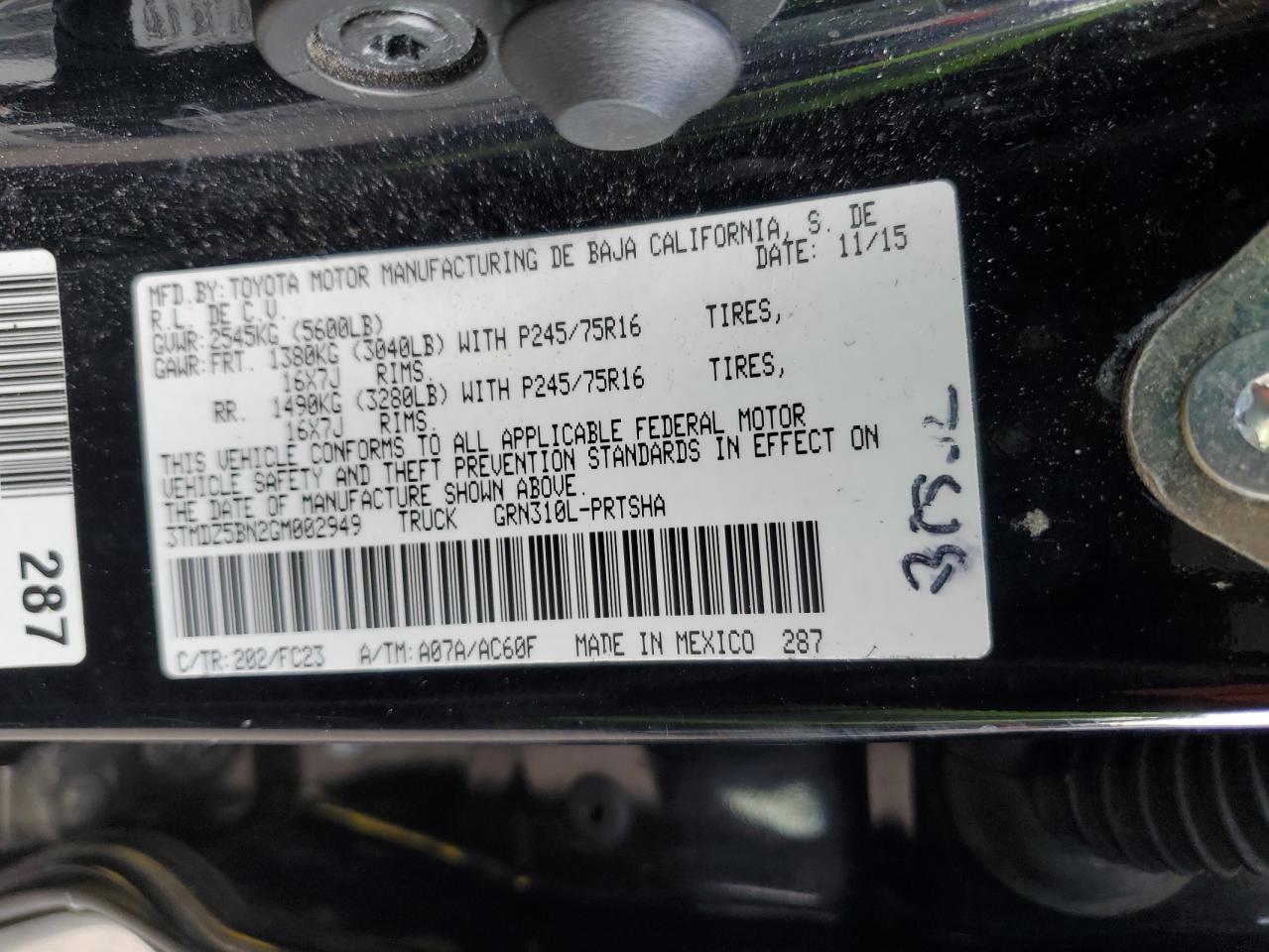 2016 Toyota Tacoma VIN 3TMDZ5BN2GM002949 Copart auction photo, rear end / front end damage thumbnail 12