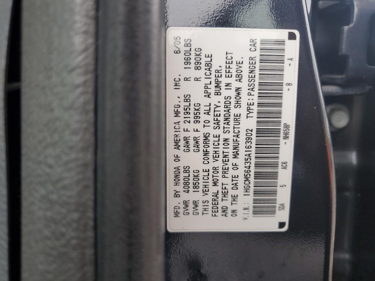 2005 Honda Accord VIN 1HGCM56435A163902 Copart auction photo, front end / rear end damage thumbnail 12