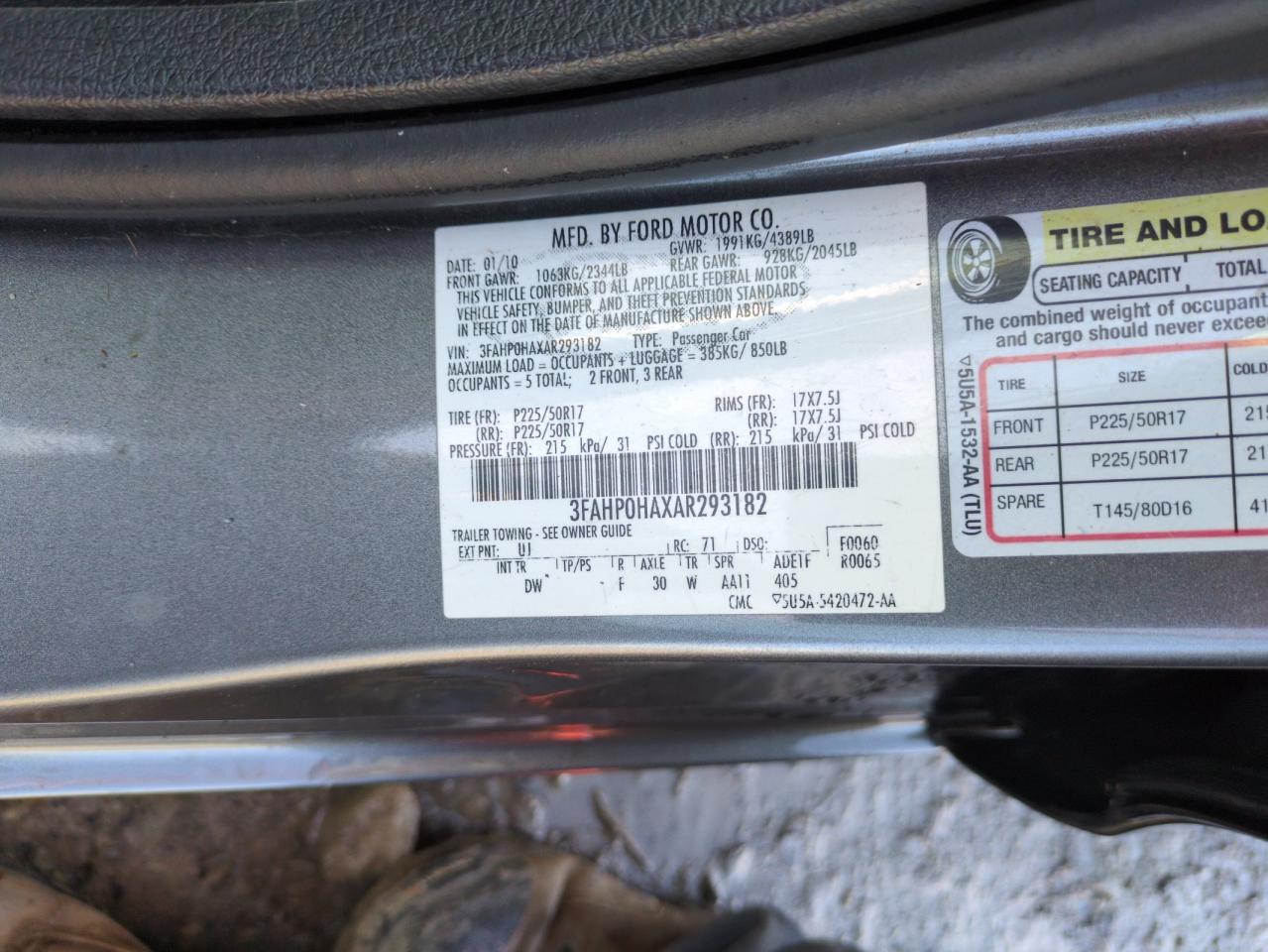 2010 Ford Fusion VIN 3FAHP0HAXAR293182 Copart auction photo, rear end / side damage thumbnail 12