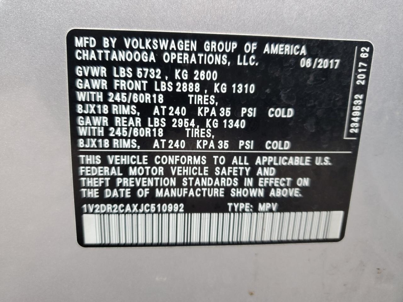 2018 Volkswagen Atlas VIN 1V2DR2CAXJC510992 Copart auction photo, side damage thumbnail 13