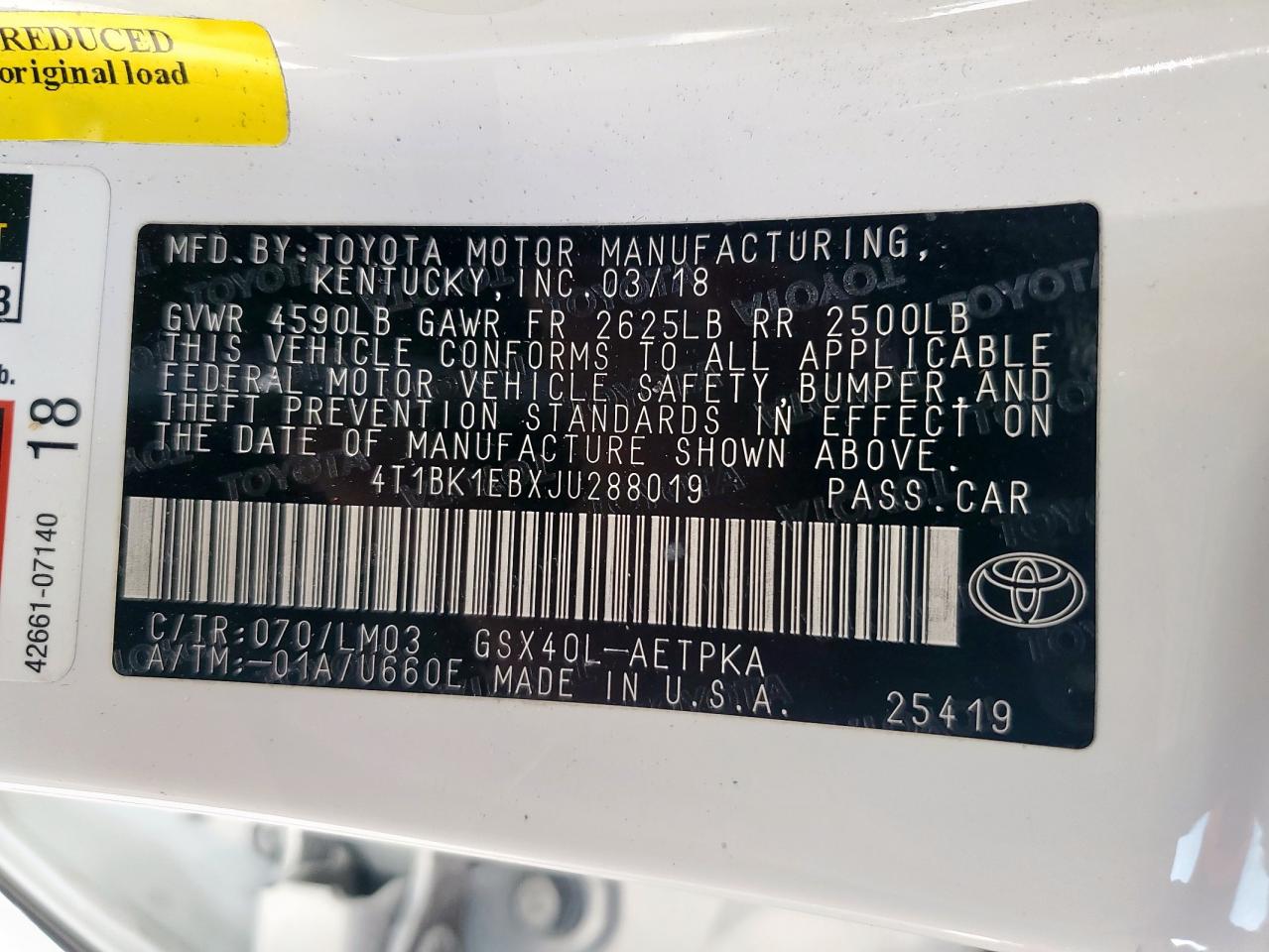 2018 Toyota Avalon VIN 4T1BK1EBXJU288019 Copart auction photo, front end / side damage thumbnail 13