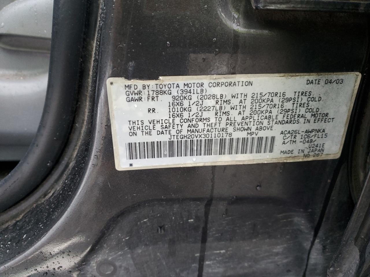 2003 Toyota RAV 4 VIN JTEGH20VX30110178 Copart auction photo, front end / rear end damage thumbnail 13