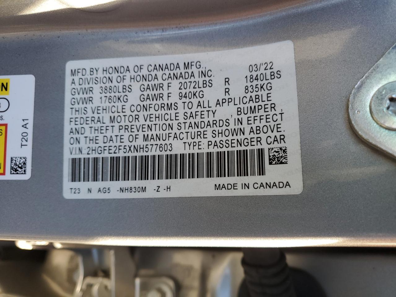 2022 Honda Civic VIN 2HGFE2F5XNH577603 Copart auction photo, front end / side damage thumbnail 13
