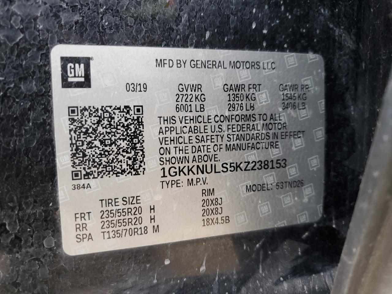 2019 GMC Acadia VIN 1GKKNULS5KZ238153 Copart auction photo, mechanical damage thumbnail 13