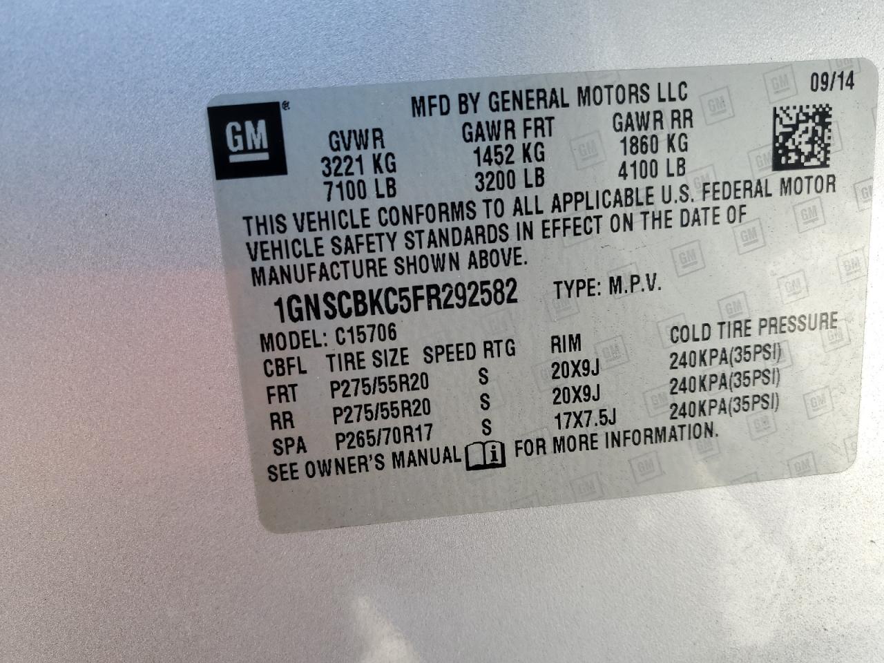 2015 Chevrolet Tahoe VIN 1GNSCBKC5FR292582 Copart auction photo, front end damage thumbnail 13