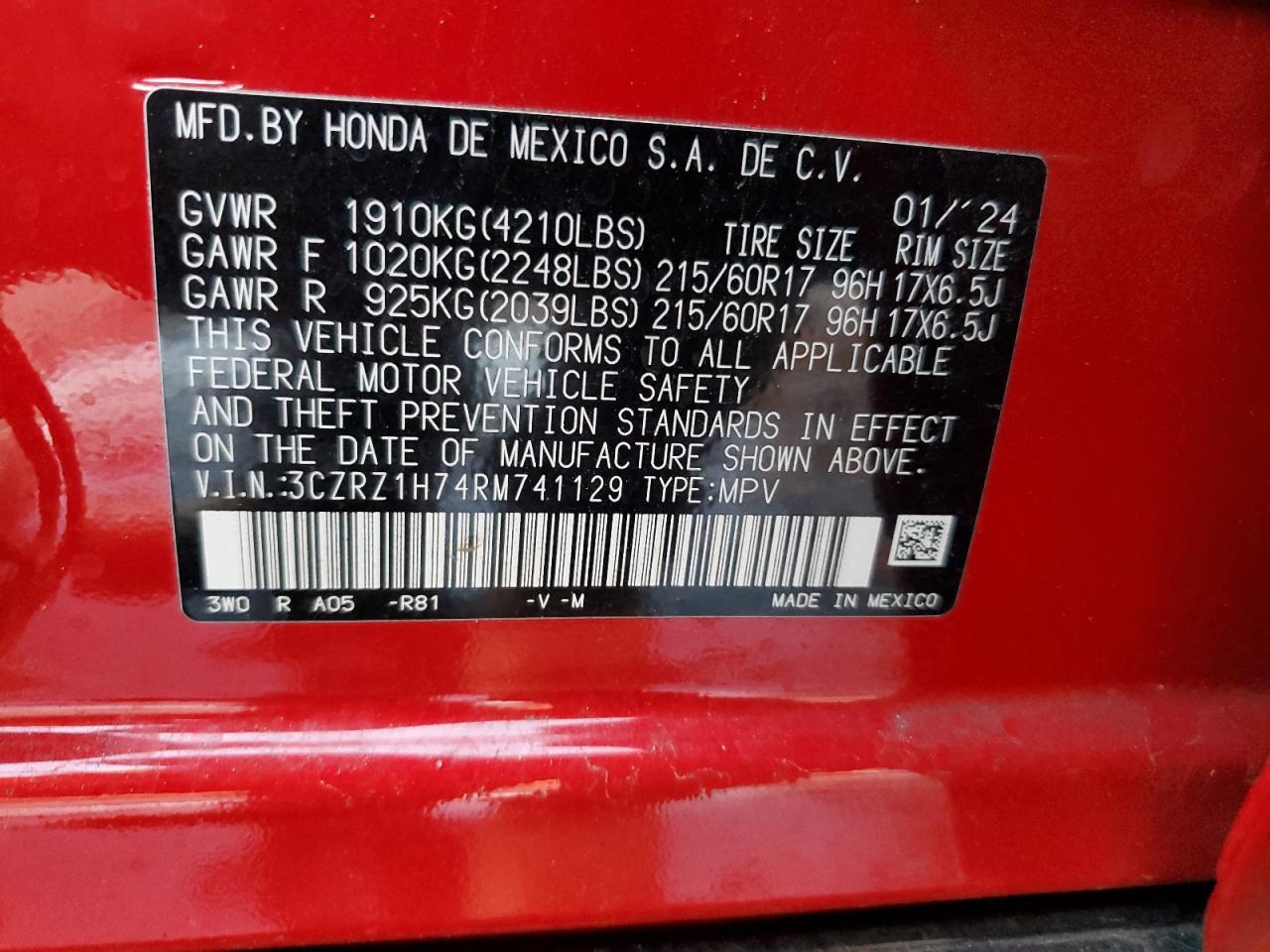 2024 Honda HR-V VIN 3CZRZ1H74RM741129 Copart auction photo, front end damage thumbnail 13