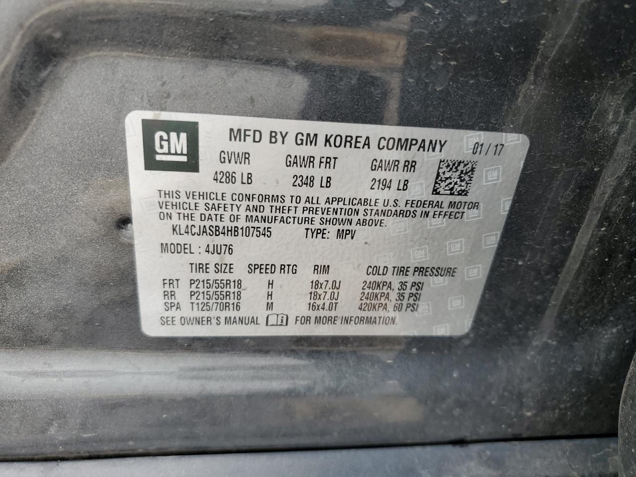 2017 Buick Encore VIN KL4CJASB4HB107545 Copart auction photo, front end damage thumbnail 15