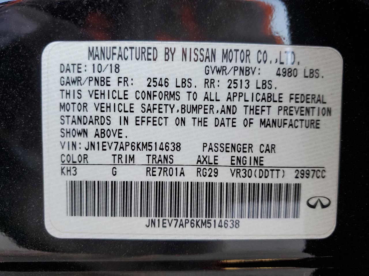 2019 Infiniti Q50 VIN JN1EV7AP6KM514638 Copart auction photo, rear end / side damage thumbnail 12