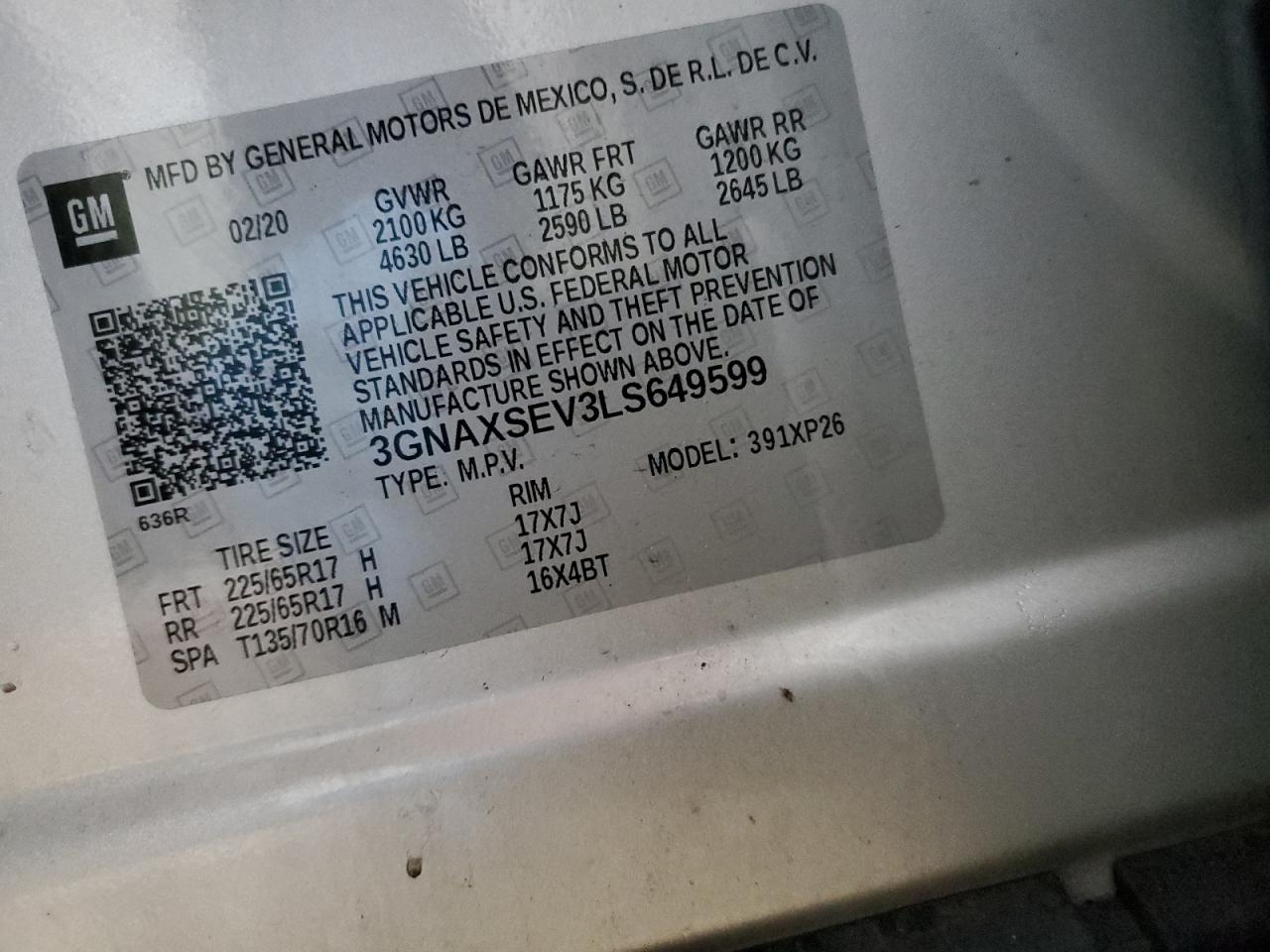 2020 Chevrolet Equinox VIN 3GNAXSEV3LS649599 Copart auction photo, front end damage thumbnail 14