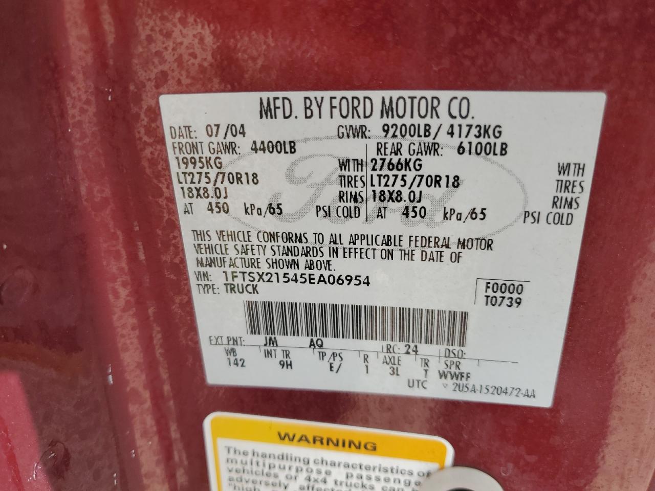 2005 Ford F250 VIN 1FTSX21545EA06954 Copart auction photo, water/flood damage thumbnail 13