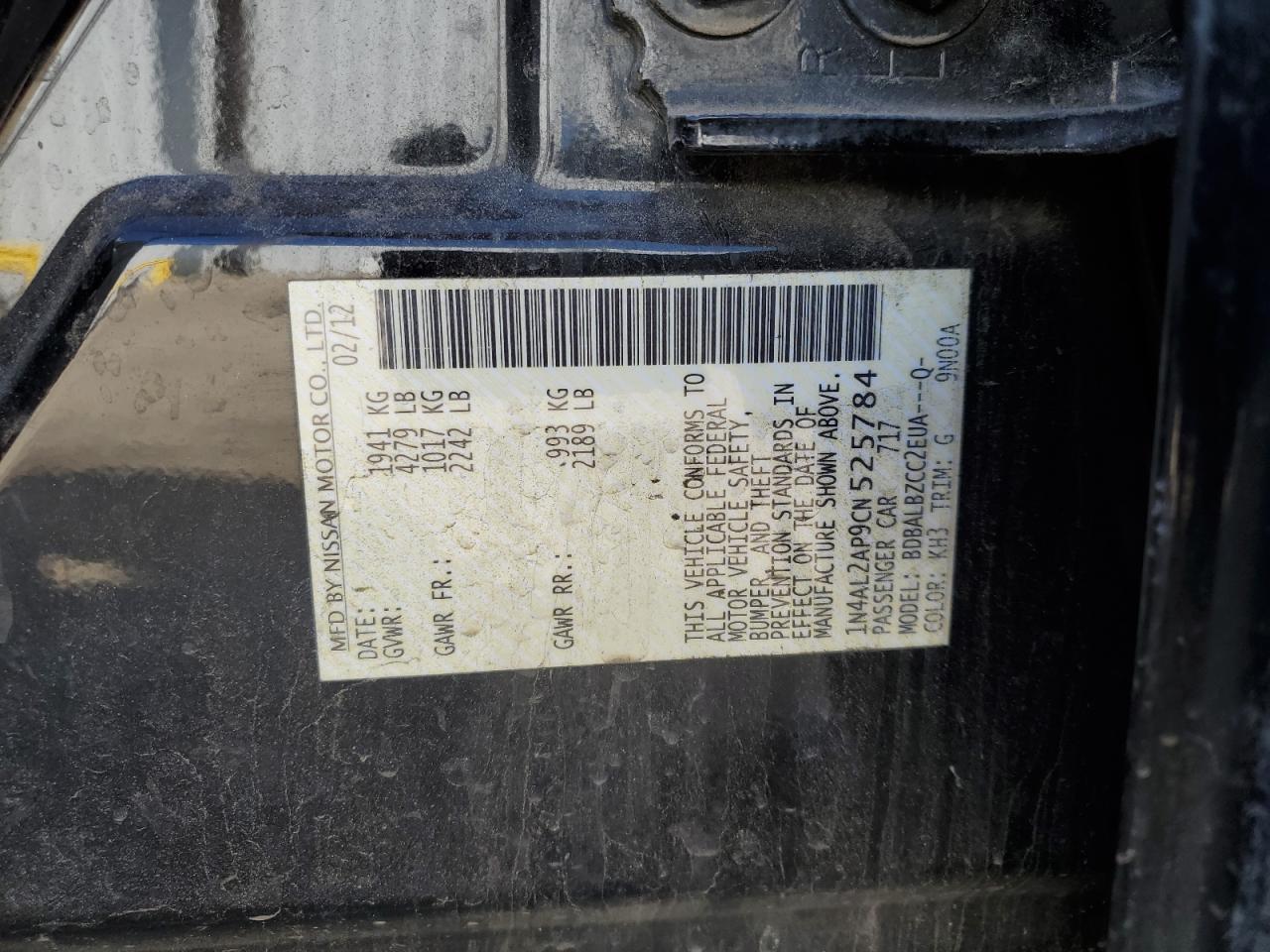 2012 Nissan Altima VIN 1N4AL2AP9CN525784 Copart auction photo, front end / rear end damage thumbnail 12