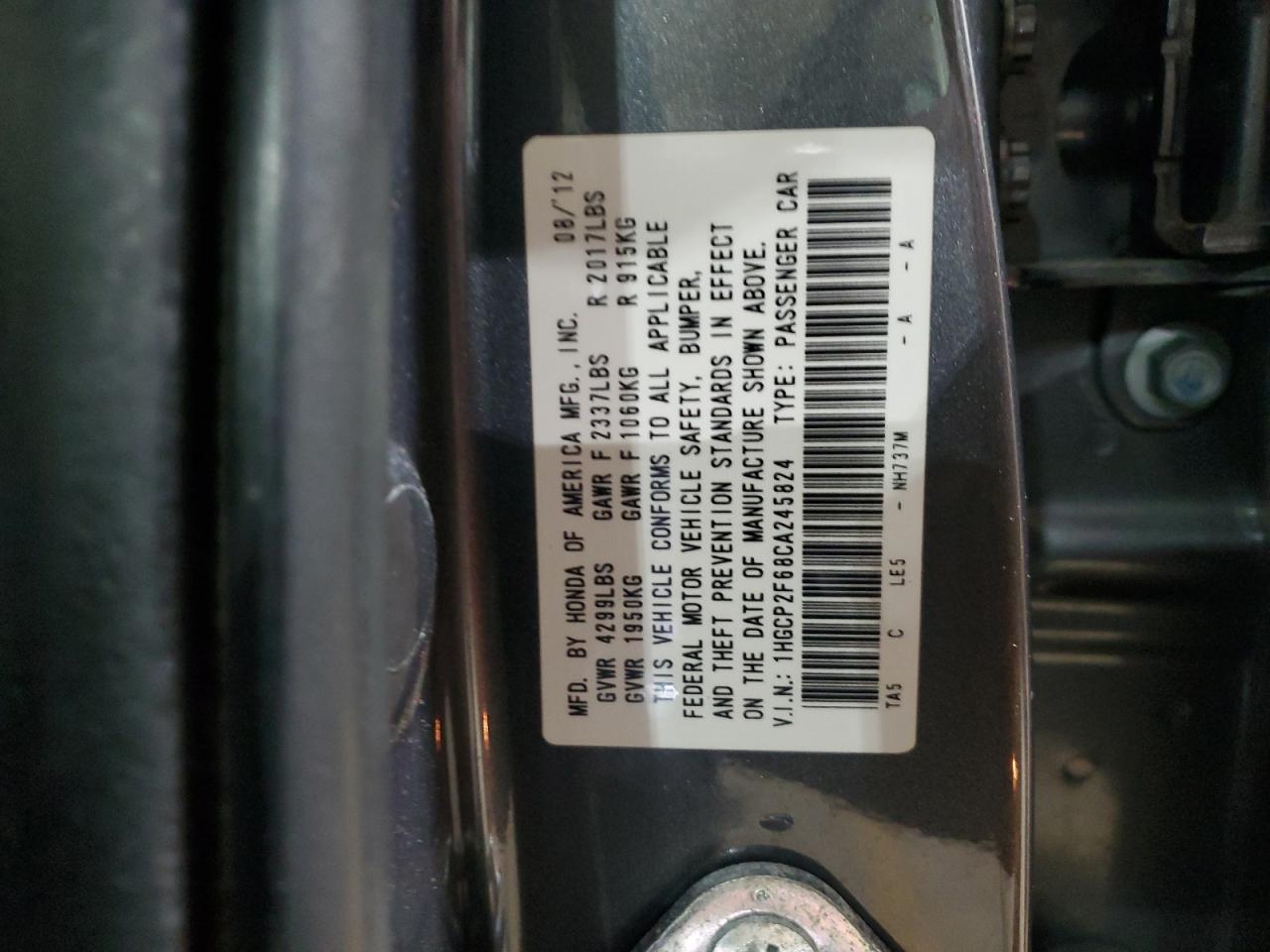 2012 Honda Accord VIN 1HGCP2F68CA245824 Copart auction photo, side damage thumbnail 12