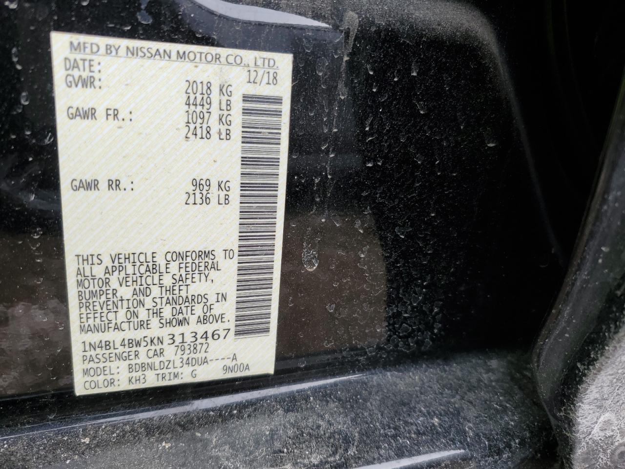 2019 Nissan Altima VIN 1N4BL4BW5KN313467 Copart auction photo, side damage thumbnail 14