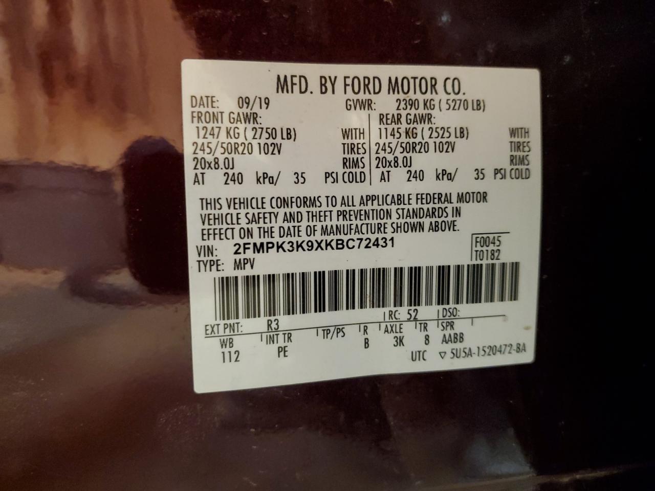 2019 Ford Edge VIN 2FMPK3K9XKBC72431 Copart auction photo, side / front end damage thumbnail 13