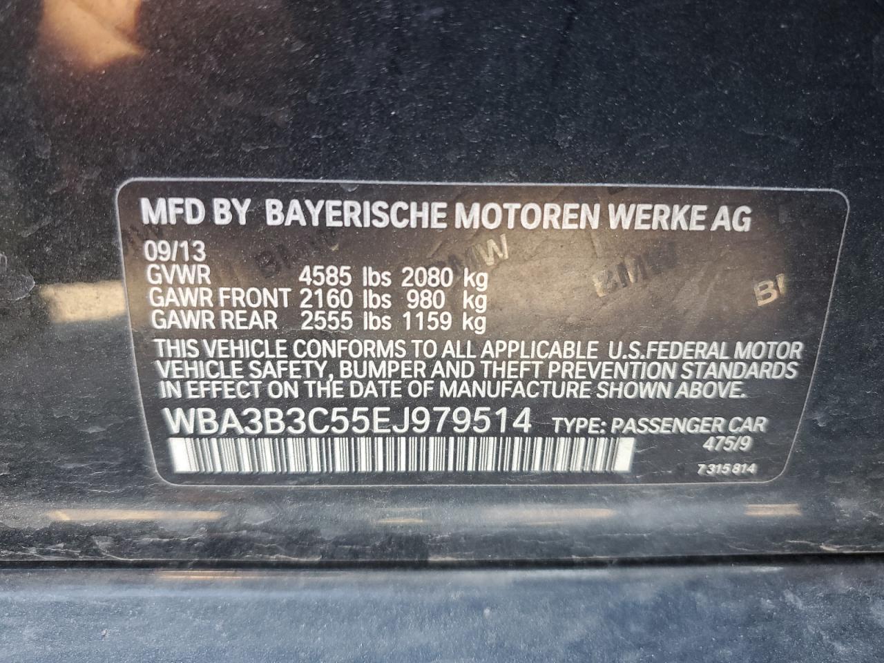 2014 BMW 3er VIN WBA3B3C55EJ979514 Copart auction photo, front end damage thumbnail 12