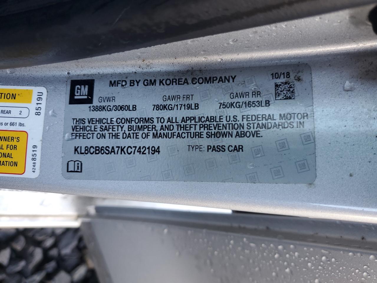 2019 Chevrolet Spark VIN KL8CB6SA7KC742194 Copart auction photo, front end damage thumbnail 14