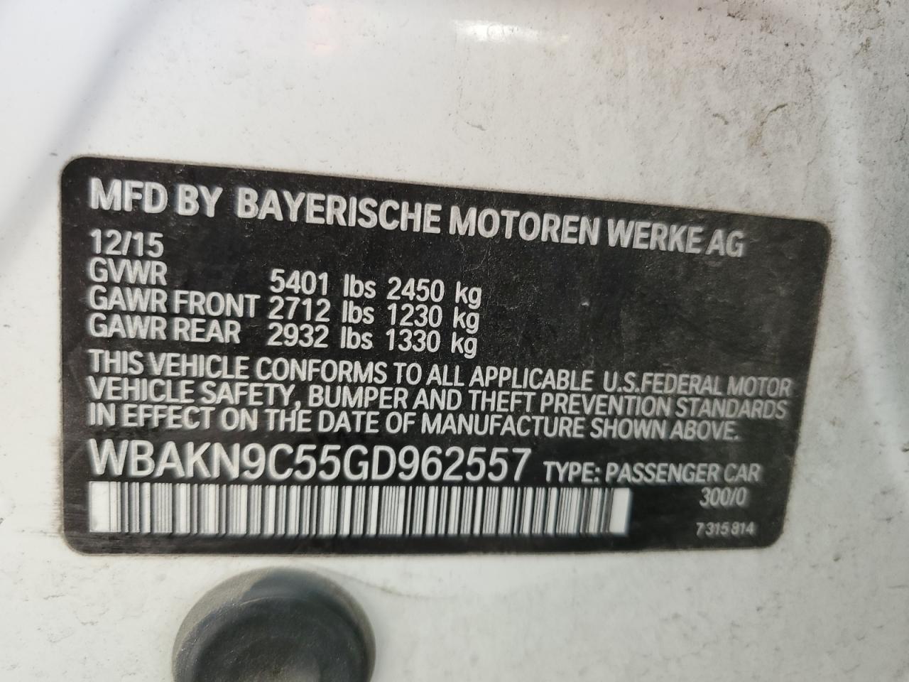 2016 BMW 5er VIN WBAKN9C55GD962557 Copart auction photo, front end damage thumbnail 12