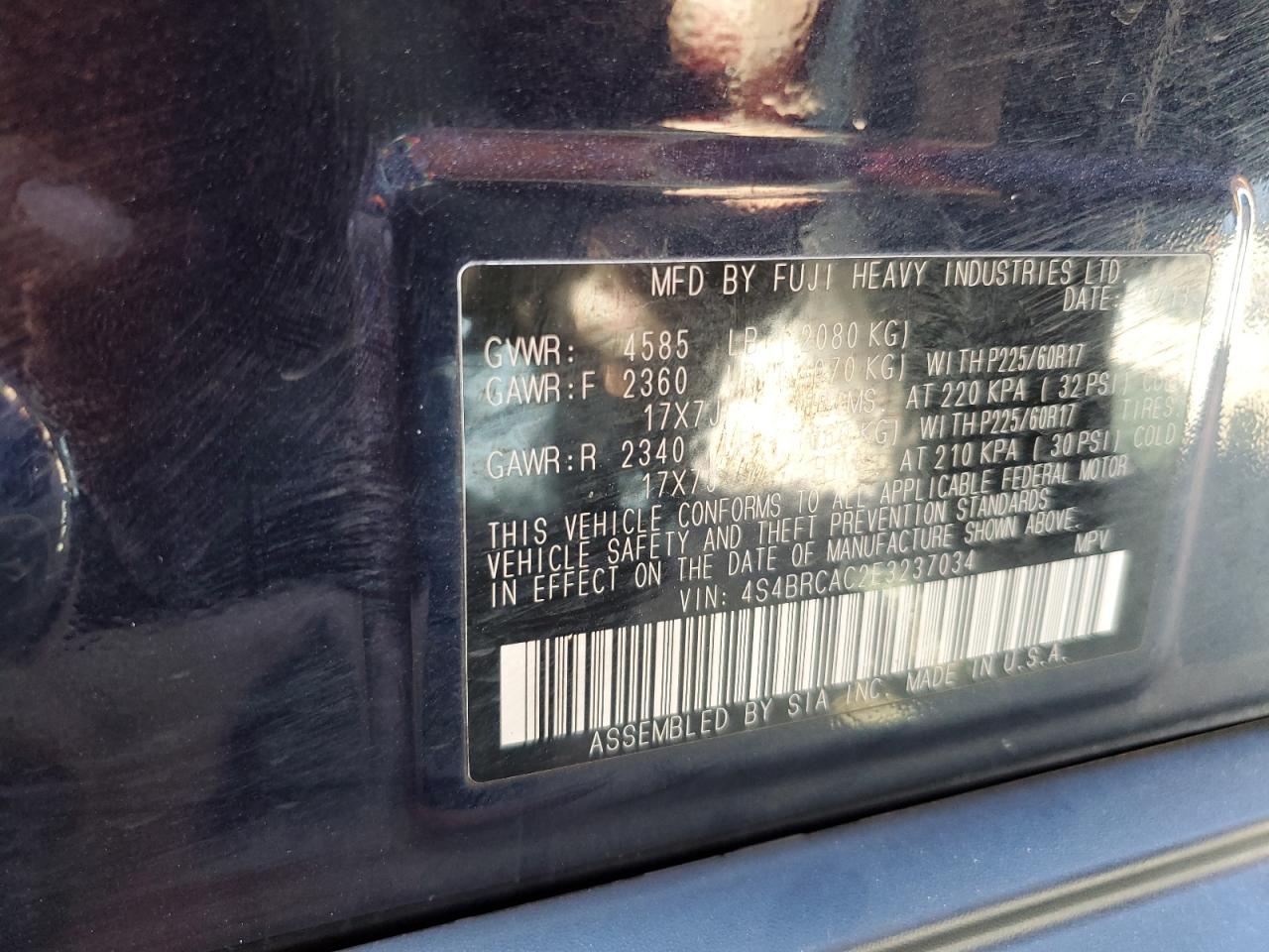 2014 Subaru Outback VIN 4S4BRCAC2E3237034 Copart auction photo, front end / side damage thumbnail 13