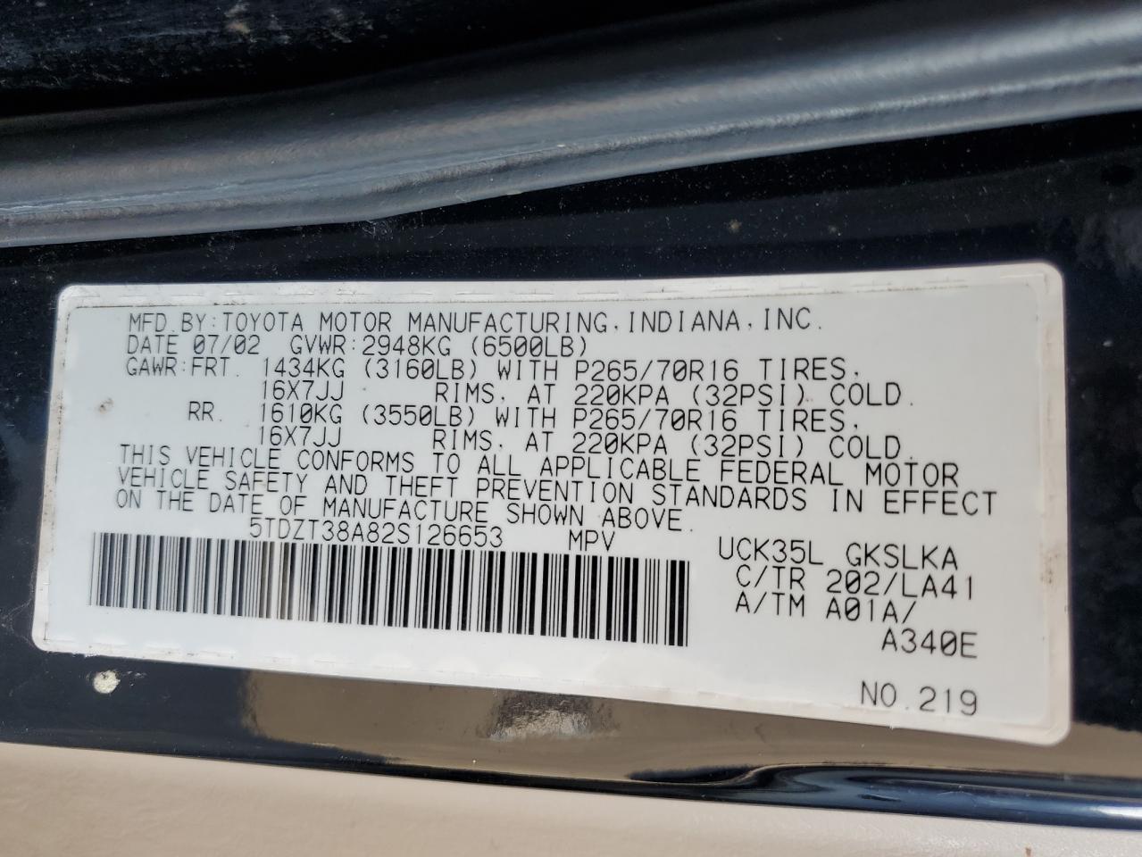 2002 Toyota Sequoia VIN 5TDZT38A82S126653 Copart auction photo, front end damage thumbnail 13