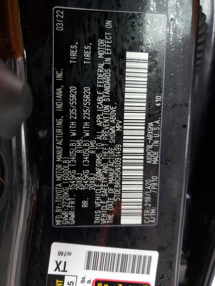 2022 Toyota Highlander VIN 5TDEBRCH5NS091499 Copart auction photo, burn / rear end damage thumbnail 14