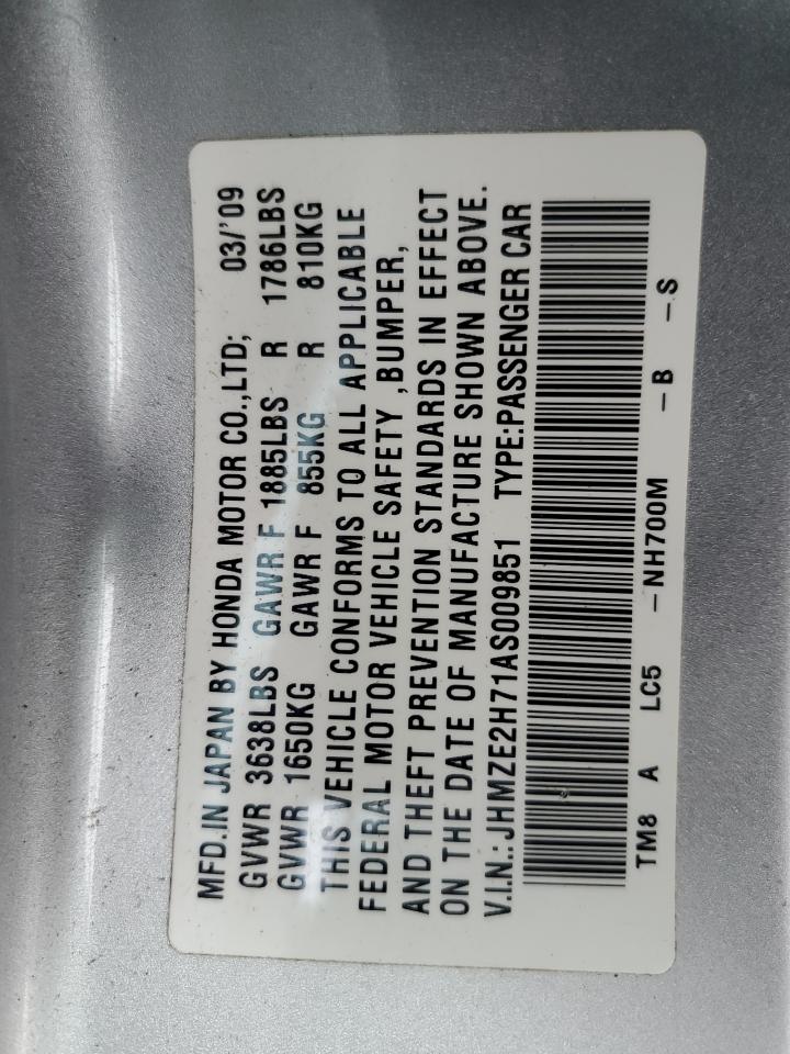 2010 Honda Insight VIN JHMZE2H71AS009851 Copart auction photo, front end / minor dent/scratches damage thumbnail 12