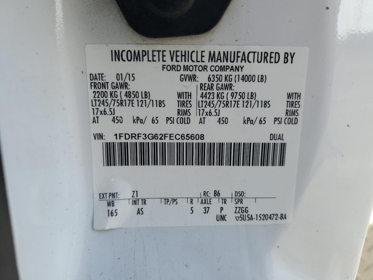 2015 Ford F350 VIN 1FDRF3G62FEC65608 Copart auction photo, front end / undercarriage damage thumbnail 13