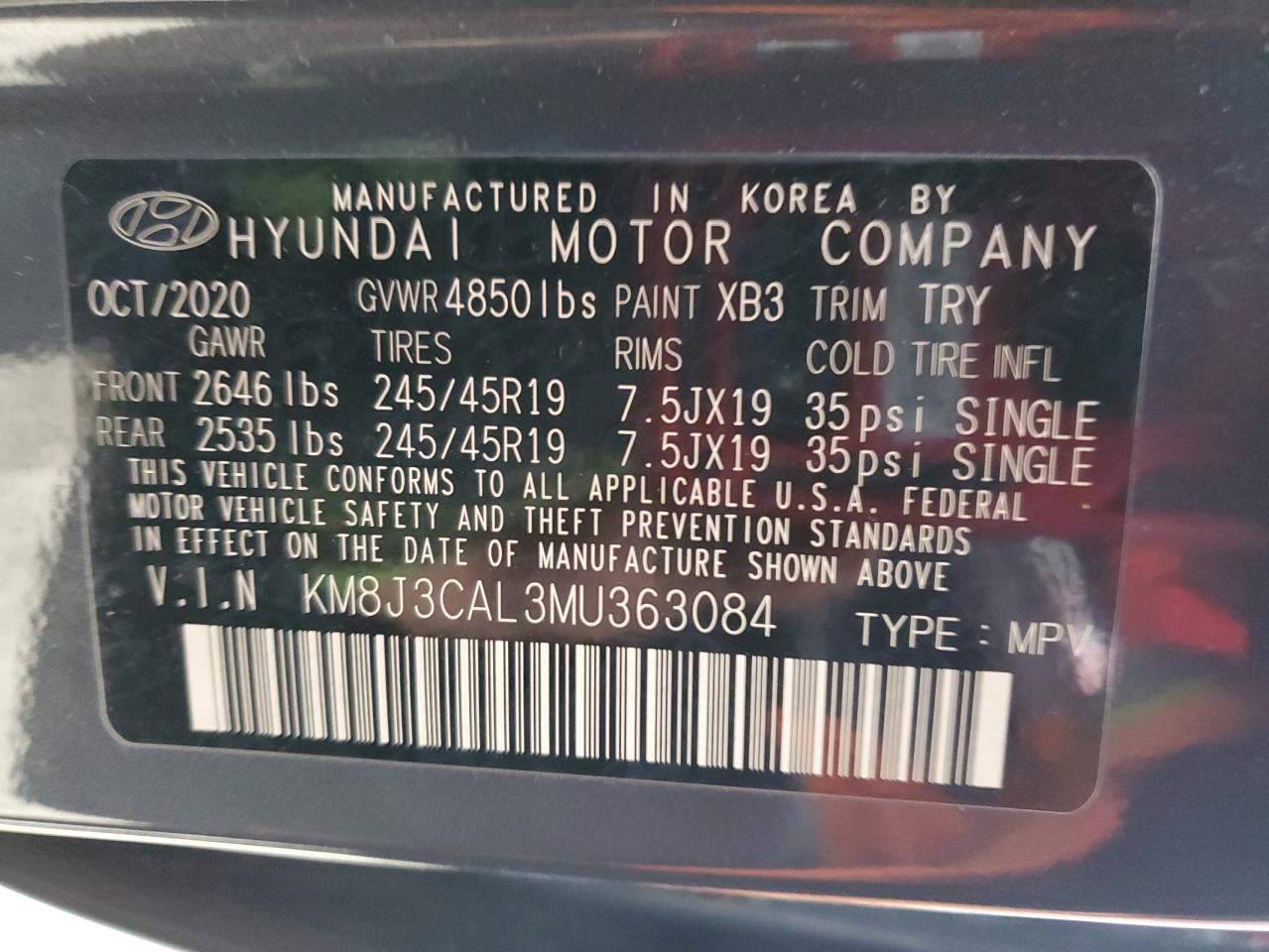 2021 Hyundai Tucson VIN KM8J3CAL3MU363084 Copart auction photo, front end damage thumbnail 14