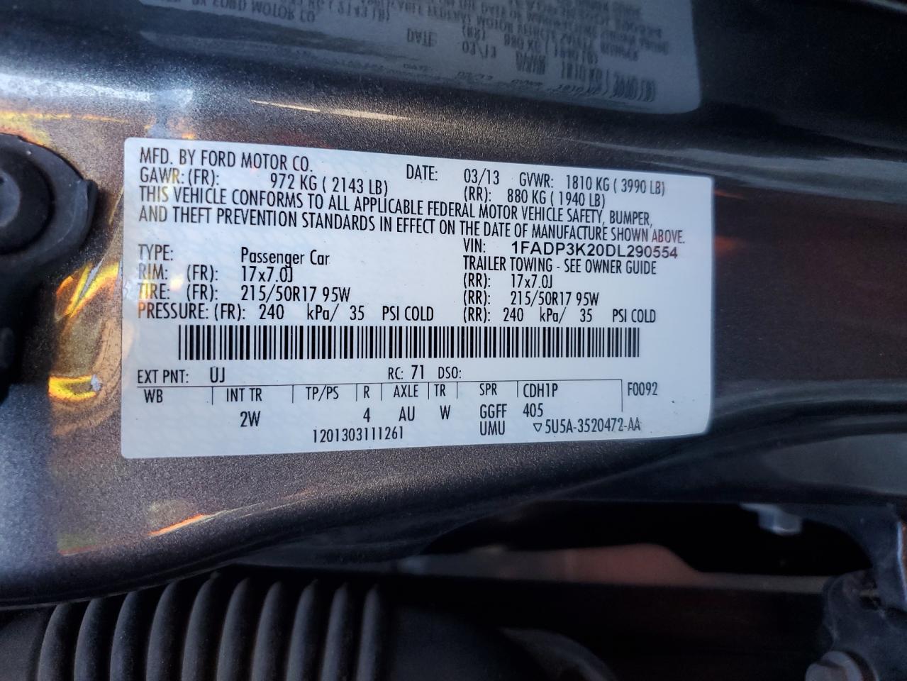 2013 Ford Focus VIN 1FADP3K20DL290554 Copart auction photo, side damage thumbnail 14