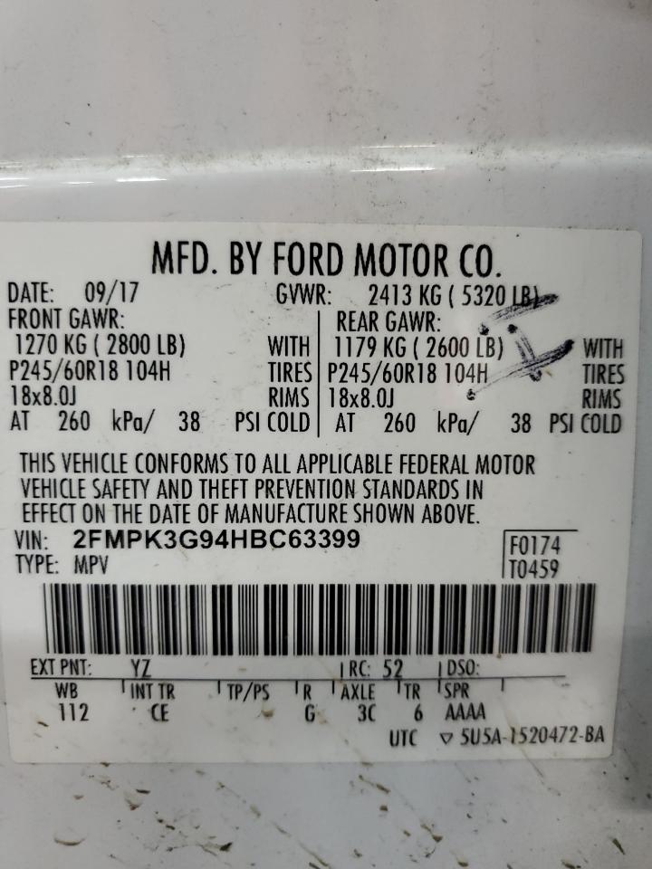 2017 Ford Edge VIN 2FMPK3G94HBC63399 Copart auction photo, side / front end damage thumbnail 14