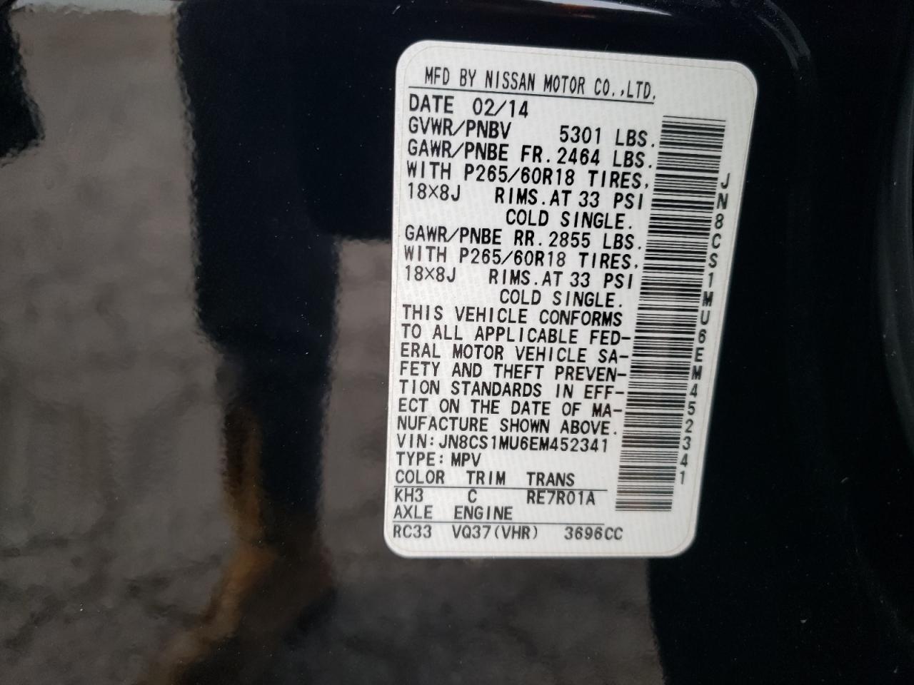 2014 Infiniti QX70 VIN JN8CS1MU6EM452341 Copart auction photo, front end / side damage thumbnail 13