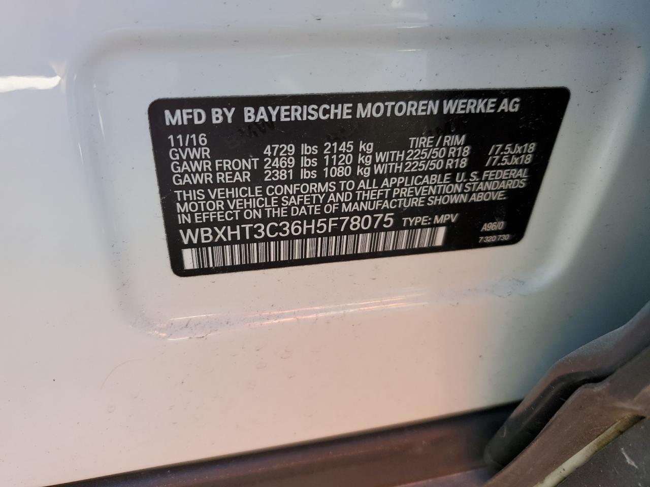 2017 BMW X1 VIN WBXHT3C36H5F78075 Copart auction photo, front end / side damage thumbnail 13