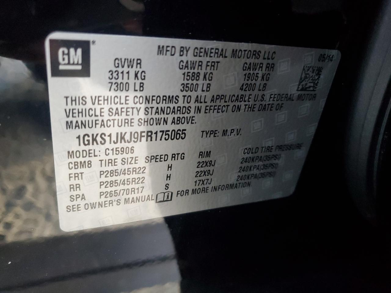 2015 GMC Yukon VIN 1GKS1JKJ9FR175065 Copart auction photo, all over damage thumbnail 14