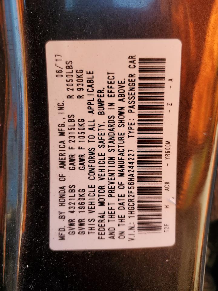 2017 Honda Accord VIN 1HGCR2F56HA244227 Copart auction photo, rear end / side damage thumbnail 12