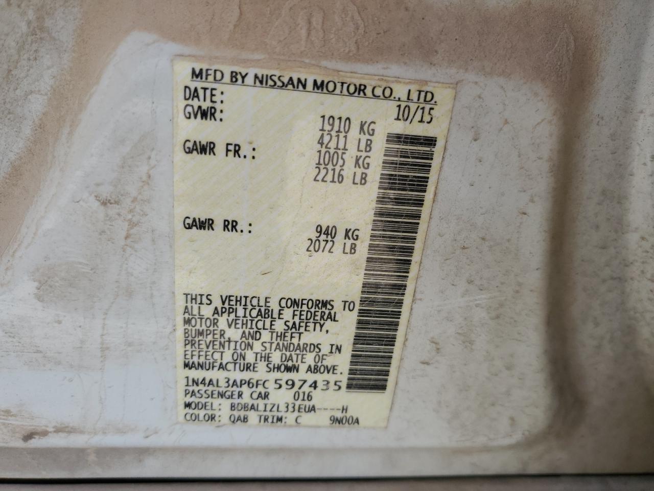 2015 Nissan Altima VIN 1N4AL3AP6FC597435 Copart auction photo, front end / minor dent/scratches damage thumbnail 12