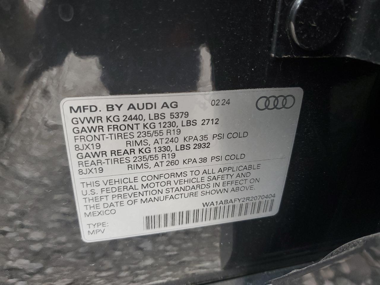 2024 Audi Q5 VIN WA1ABAFY2R2070404 Copart auction photo, front end / rollover damage thumbnail 13