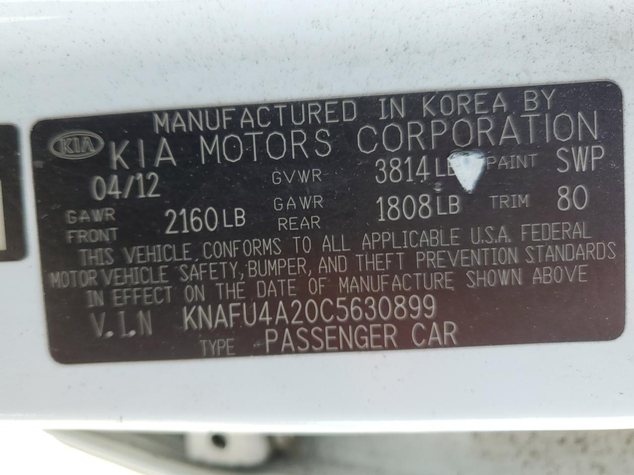 2012 KIA Forte VIN KNAFU4A20C5630899 Copart auction photo, rear end damage thumbnail 14