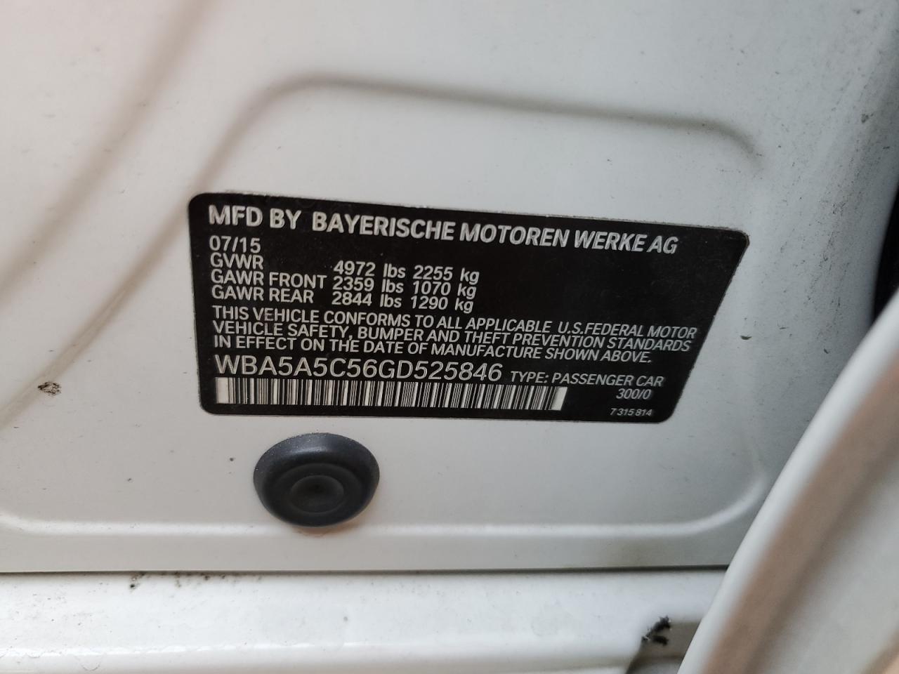2016 BMW 5er VIN WBA5A5C56GD525846 Copart auction photo, front end damage thumbnail 12