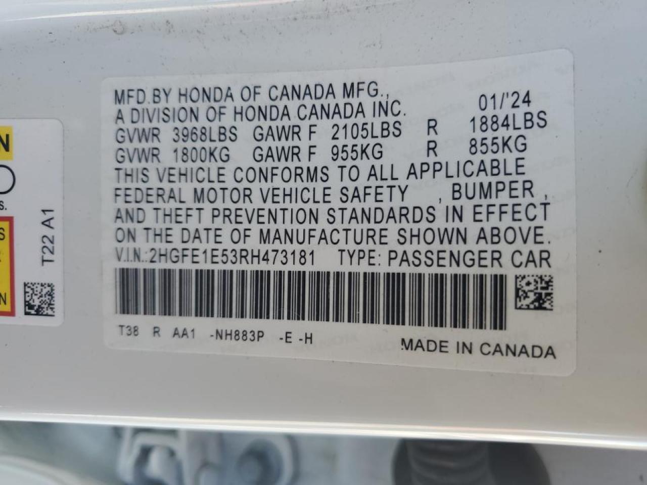 2024 Honda Civic VIN 2HGFE1E53RH473181 Copart auction photo, front end / mechanical damage thumbnail 14