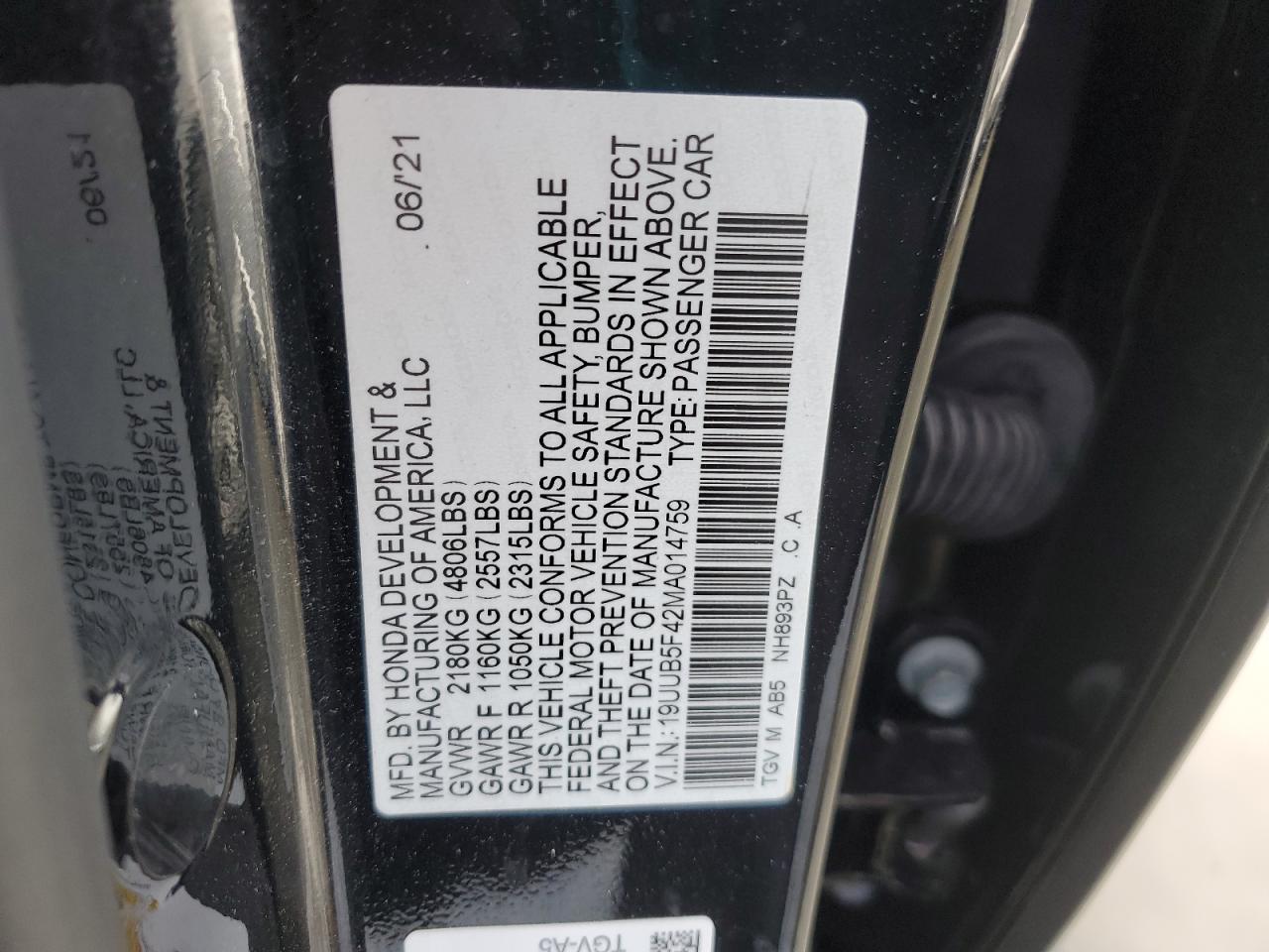 2021 Acura TLX VIN 19UUB5F42MA014759 Copart auction photo, rear end / front end damage thumbnail 12