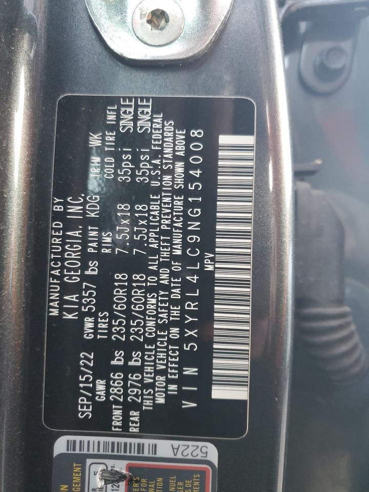 2022 KIA Sorento VIN 5XYRL4LC9NG154008 Copart auction photo, all over damage thumbnail 13
