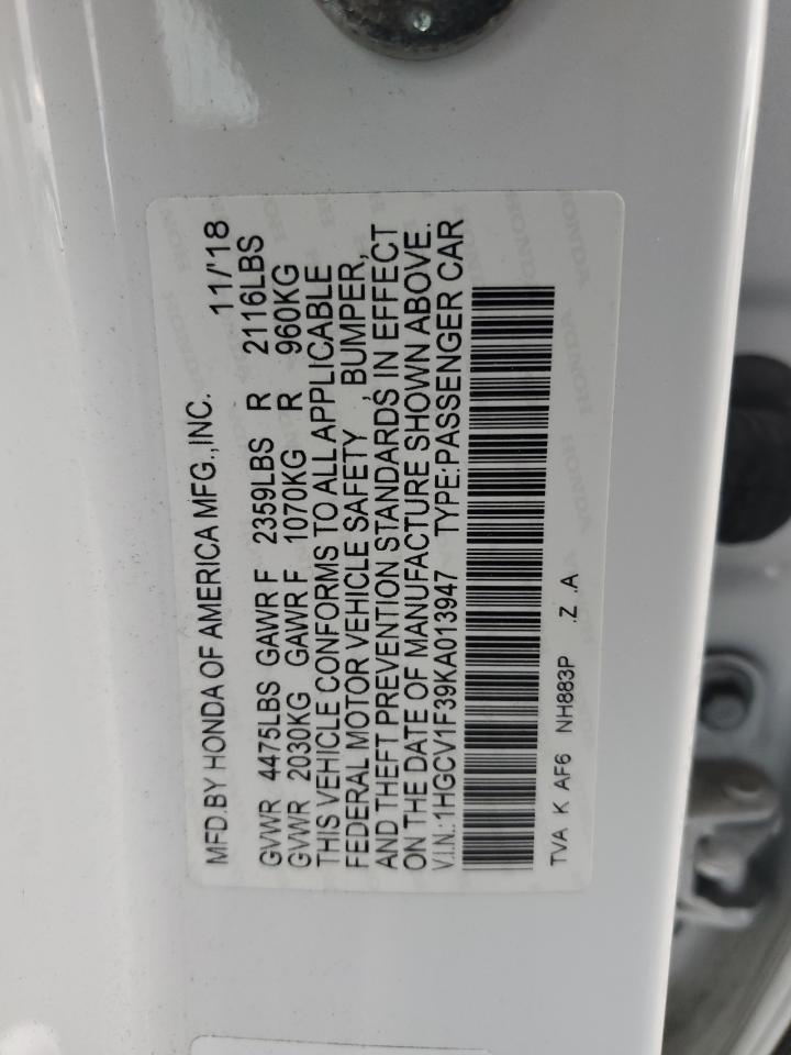 2019 Honda Accord VIN 1HGCV1F39KA013947 Copart auction photo, front end / undercarriage damage thumbnail 15