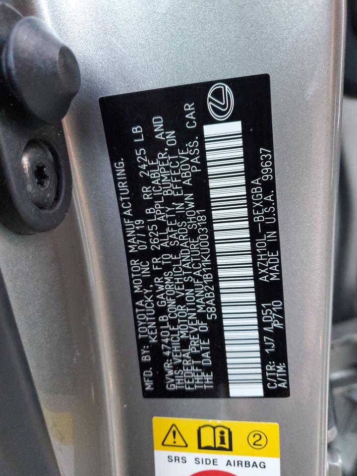 2019 Lexus ES VIN 58AB21B11KU003181 Copart auction photo, front end / side damage thumbnail 13