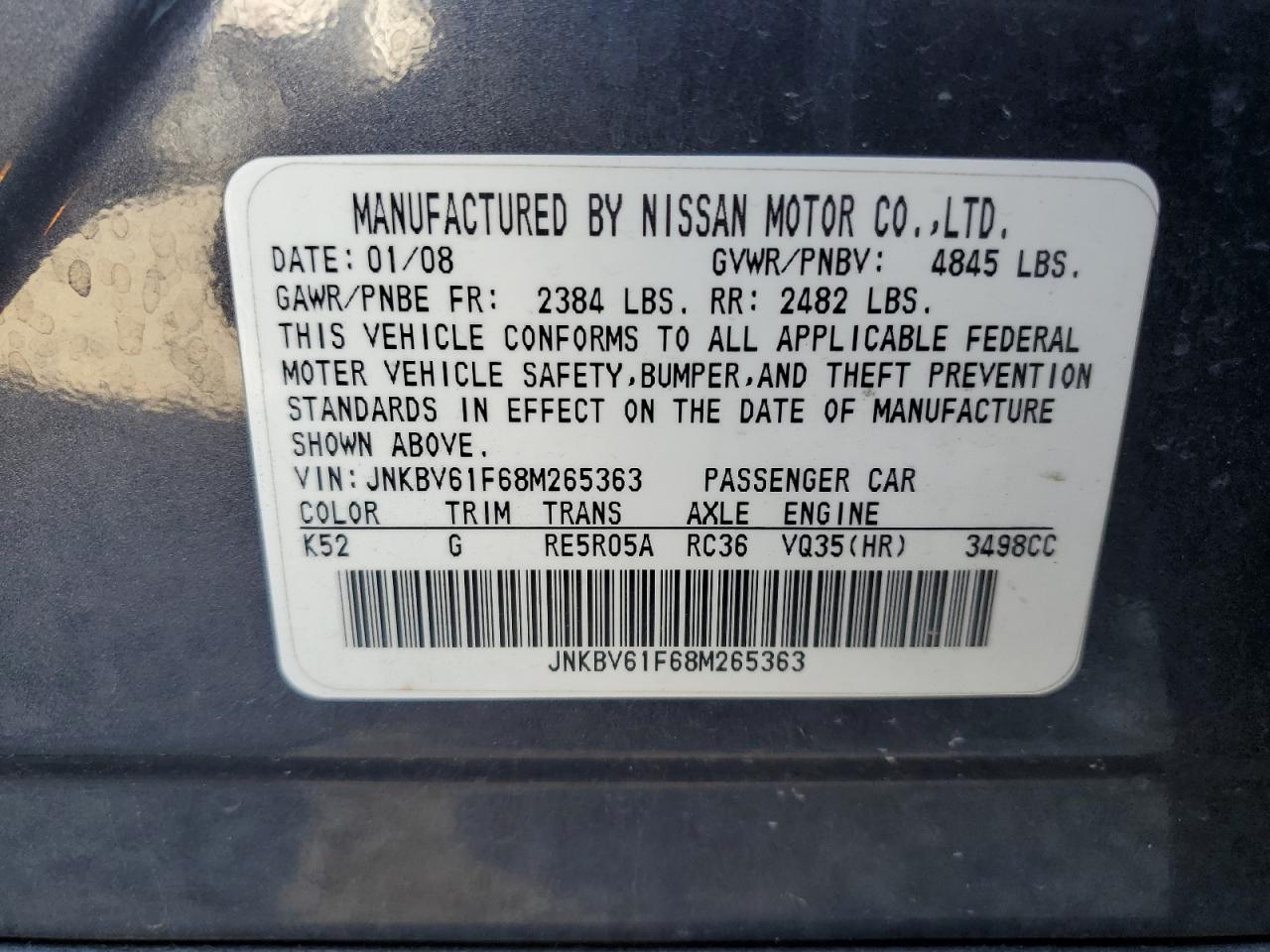 2008 Infiniti G VIN JNKBV61F68M265363 Copart auction photo, front end damage thumbnail 12