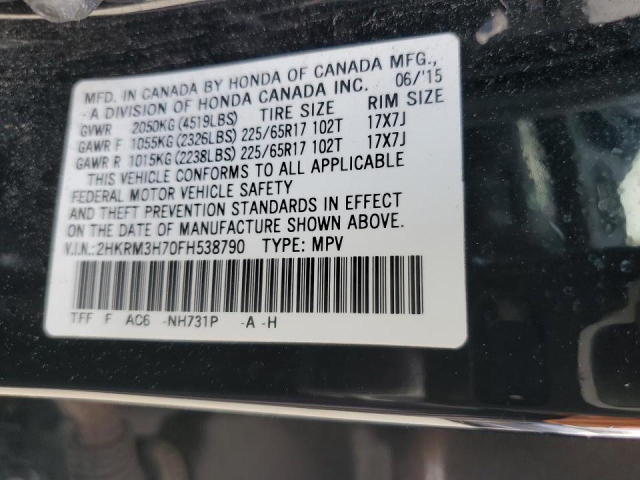 2015 Honda CR-V VIN 2HKRM3H70FH538790 Copart auction photo, front end damage thumbnail 14