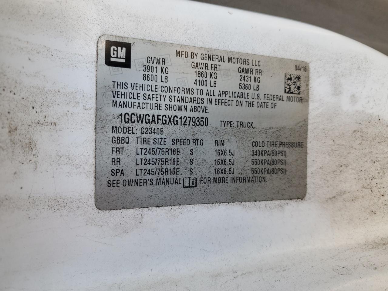2016 Chevrolet Express VIN 1GCWGAFGXG1279350 Copart auction photo, mechanical damage thumbnail 13